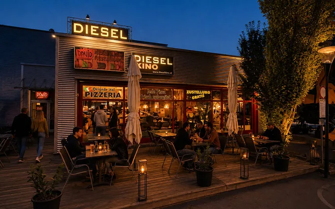 Dieselkino Leibnitz bei Abenddämmerung