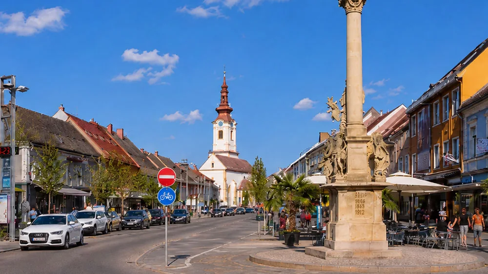 Hauptplatz Leibnitz mit Pestsäule und Stadtpfarrkirche